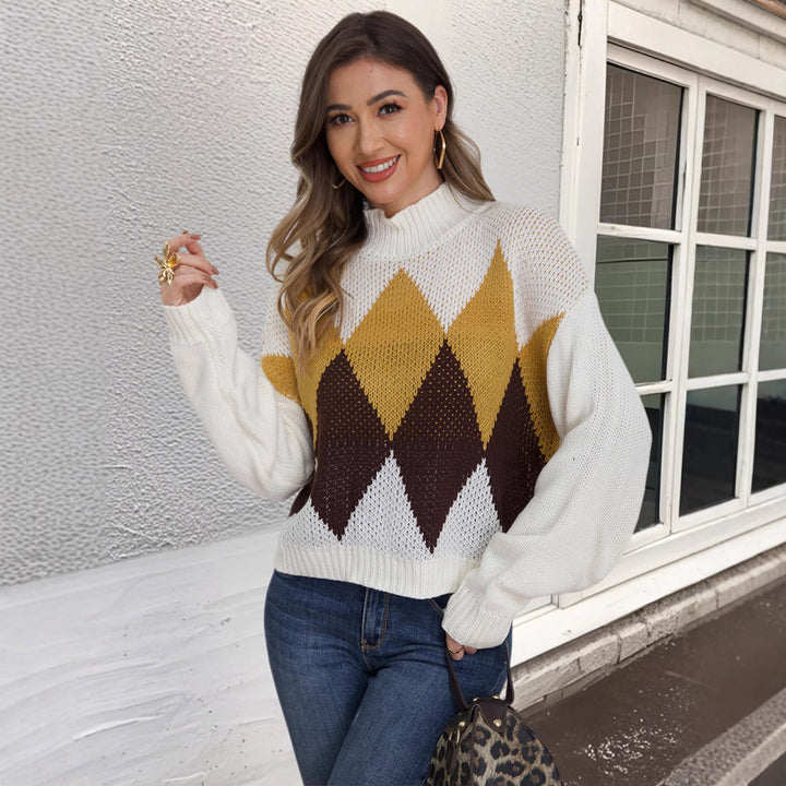 Damen modischer Strickpullover mit geometrischem Muster und hohem Kragen Drune