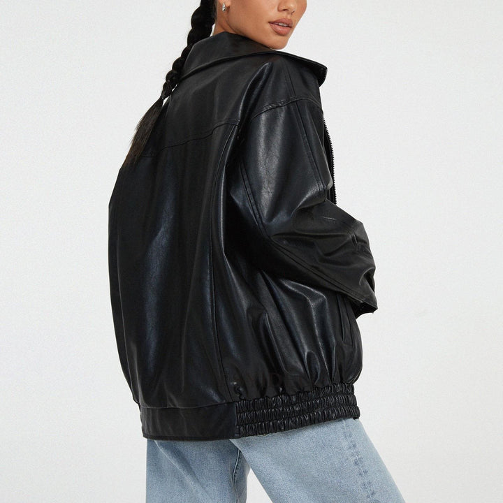 Damen lässige Lederjacke mit großem Kragen und seitlichen Taschen Drune