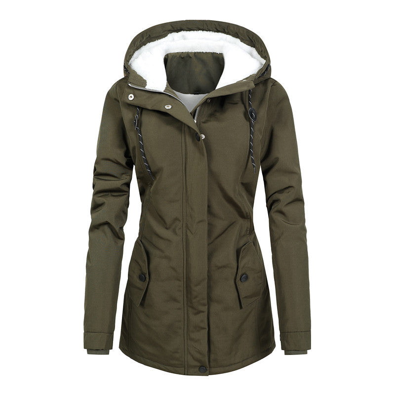 Damen Taillierter Parka mit Teddyfutter, verstellbarer Kapuze und Tunnelzug Drune