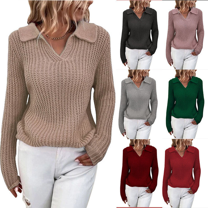 Damen V-Ausschnitt Strickpullover mit Kragen Drune