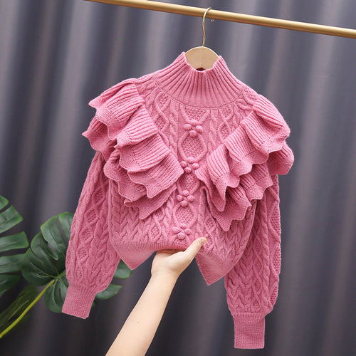 Damen Strickpullover mit Rüschen und Zopfmuster Drune