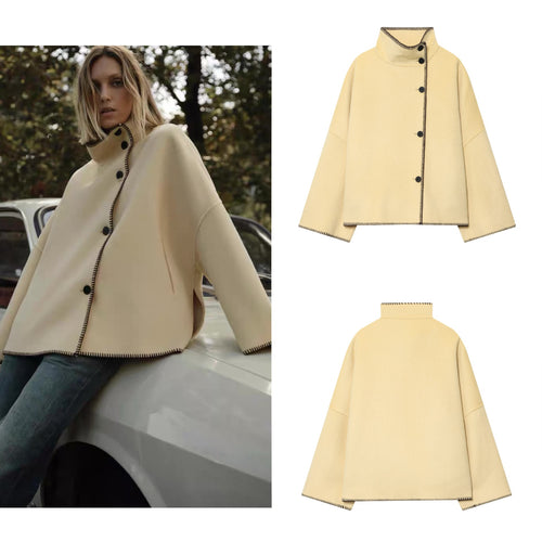 Damen Cape-Mantel mit Stehkragen, asymmetrischer Knopfleiste und Ziernaht Drune