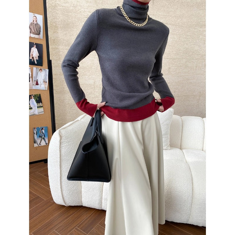 Damen eleganter Rollkragenpullover mit kontrastierenden Ärmelabschlüssen Drune