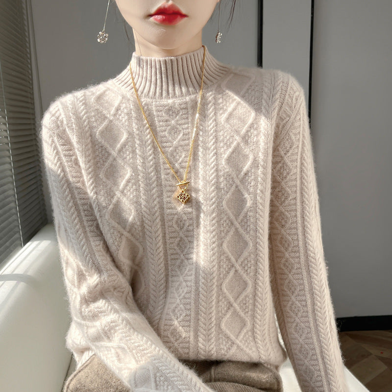 Damen Kuscheliger Mohair‑Optik Mockneckpullover mit Rautenzopfstruktur und kastiger Silhouette Drune