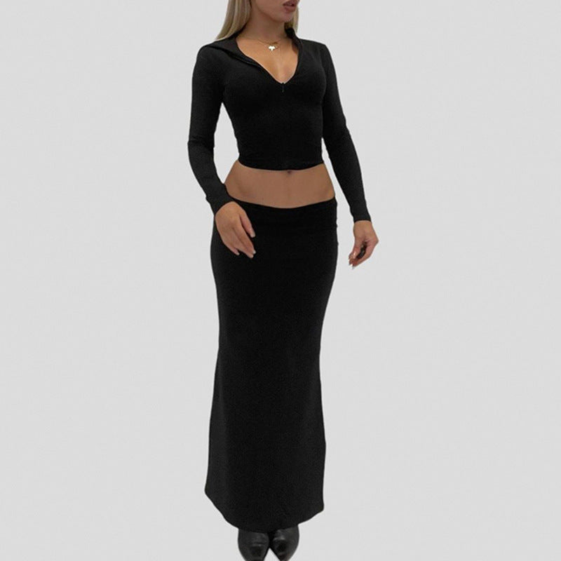 Damen Zweiteiliges Midriff-Set aus Stretchjersey mit V-Ausschnitt Crop-Top und taillenbetontem Maxi-Rock Drune