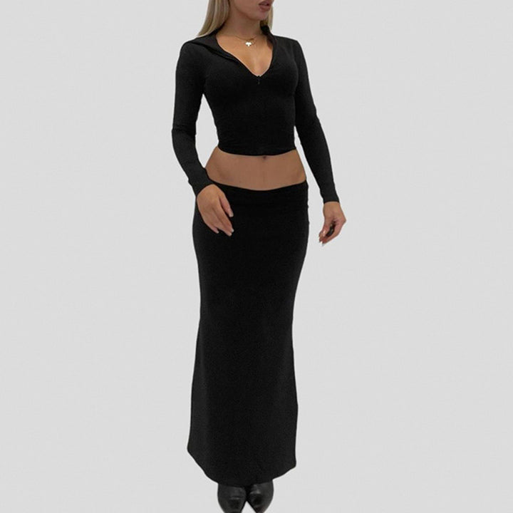 Damen Zweiteiliges Midriff-Set aus Stretchjersey mit V-Ausschnitt Crop-Top und taillenbetontem Maxi-Rock Drune