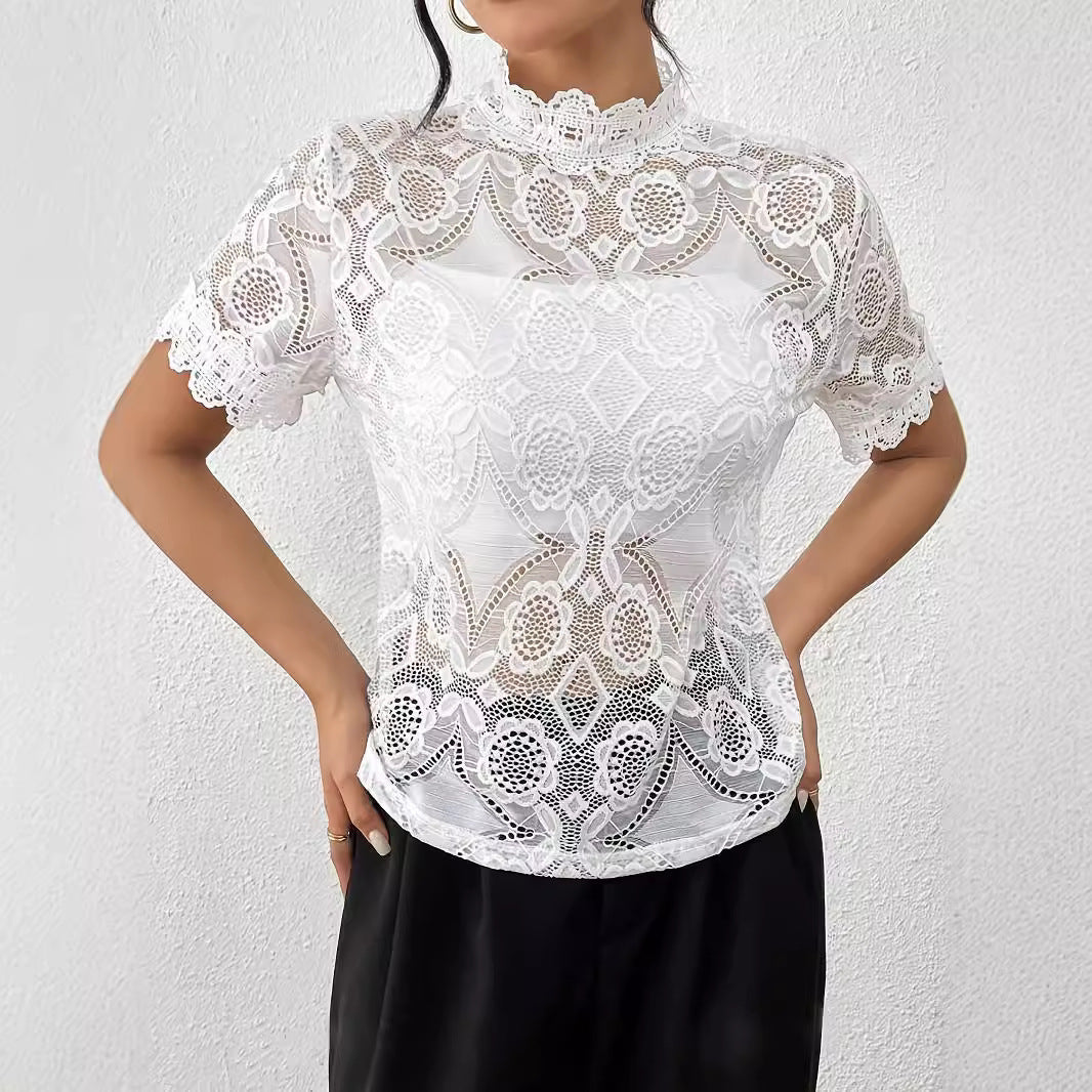 Damen nan semi-transparentes Spitzen-Top mit hohem Rüschenkragen und blickdichter Brustpartie Drune