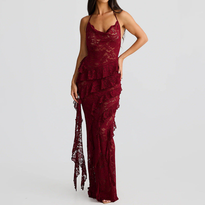 Damen verführerisches Spitzenkleid mit asymmetrischem Saum und Rüschendetails Drune