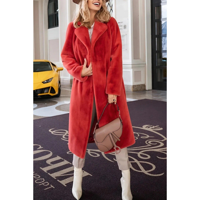 Damen Langer Fleece-Mantel mit elegantem Kragen und schlanker Silhouette Drune