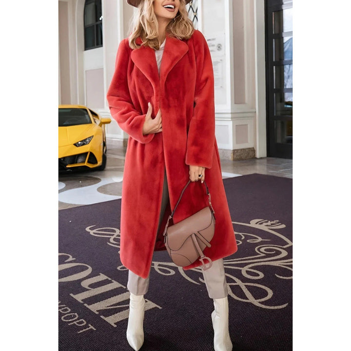 Damen Langer Fleece-Mantel mit elegantem Kragen und schlanker Silhouette Drune