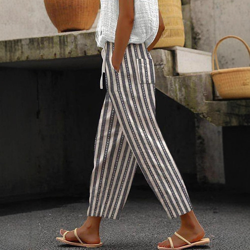 Damen Weite Leinenhose mit handgewebtem Muster Drune