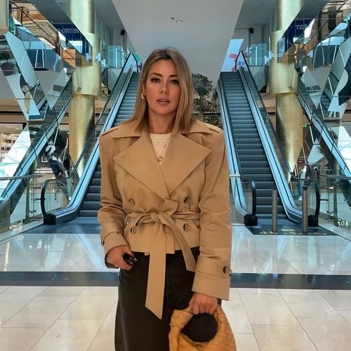Damen Modische Kurzjacke mit breitem Kragen und Bindegürtel Drune