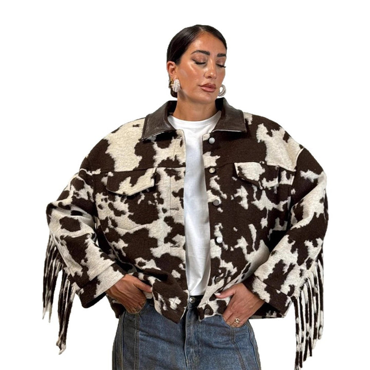 Damen Oversized Fransenjacke mit Kuhmuster Drune