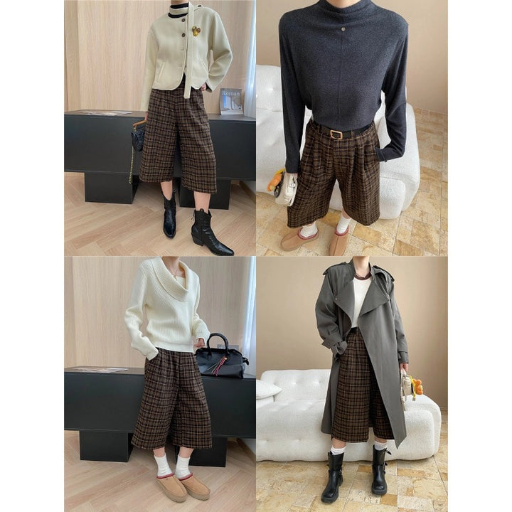 Damen karierte Culotte-Hosen mit hohen Bund und praktischen Seitentaschen Drune