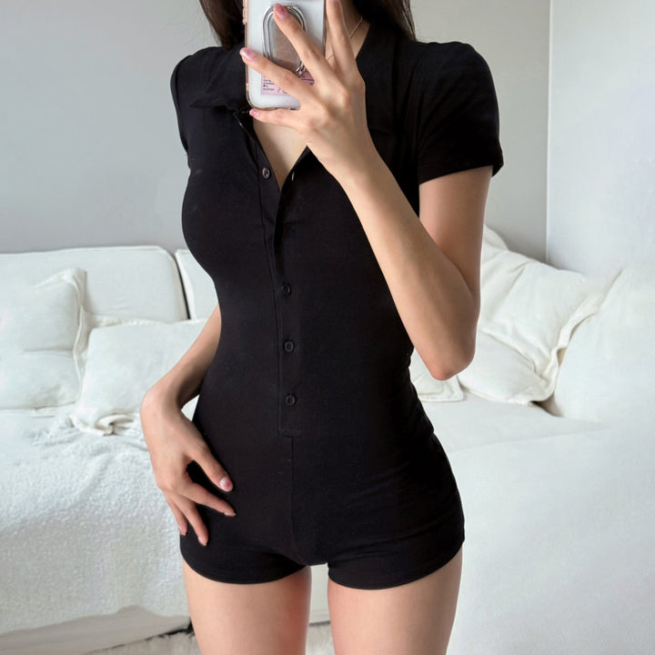 Damen Kurzarm-Jumpsuit mit Knopfleiste und elegantem Polokragen Drune