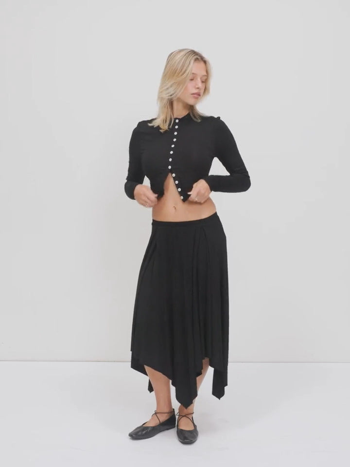Damen Cropped-Cardigan mit Perlmuttknöpfen und asymmetrischem Zipfel-Midirock Drune