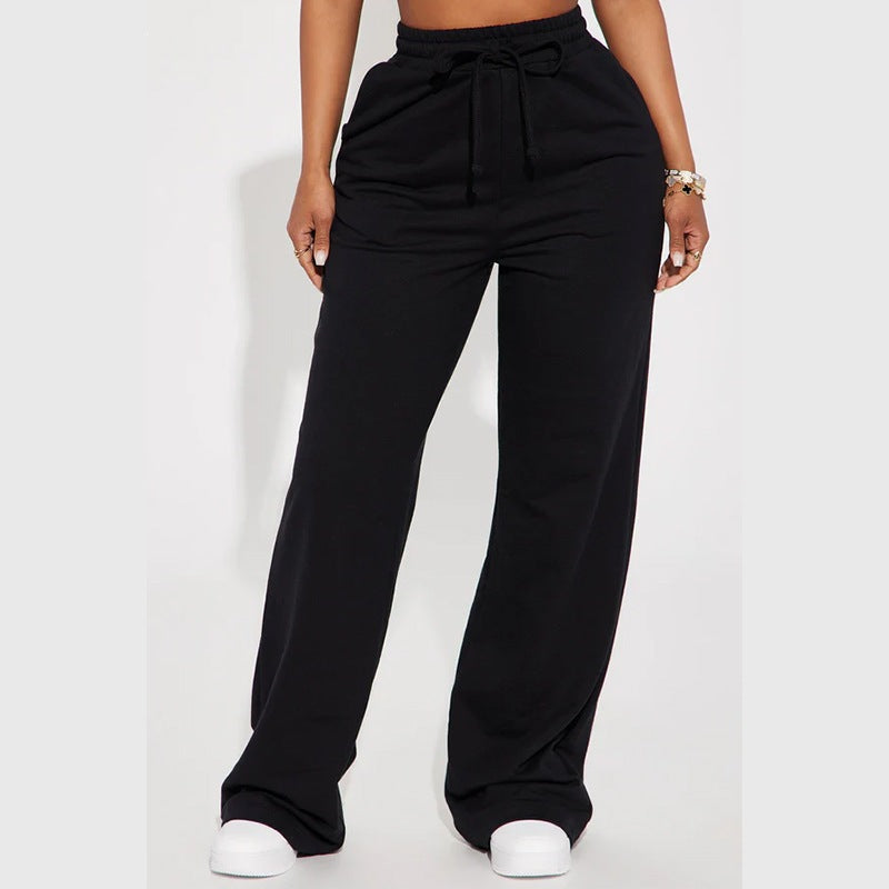 Damen nan breite High-Waist Loungehose aus weichem Baumwollmix mit Kordelzug und Eingrifftaschen Drune