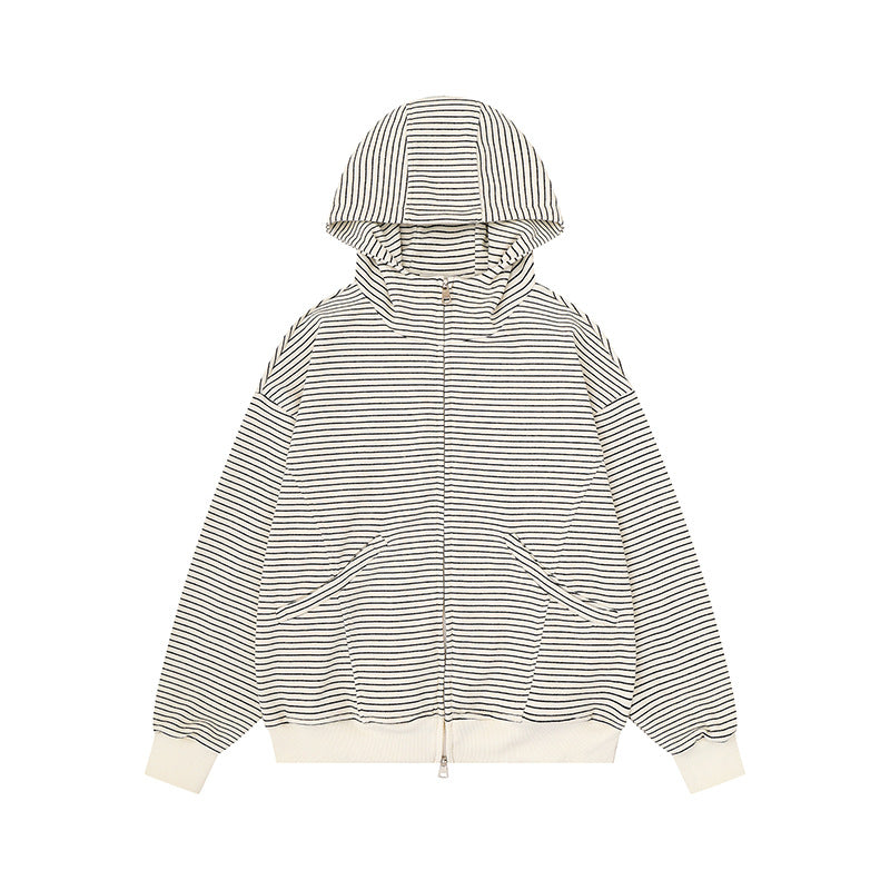 Unisex Gestreifte Kapuzen-Sweatjacke mit Reißverschluss und Kängurutaschen Drune