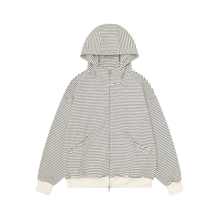 Unisex Gestreifte Kapuzen-Sweatjacke mit Reißverschluss und Kängurutaschen Drune