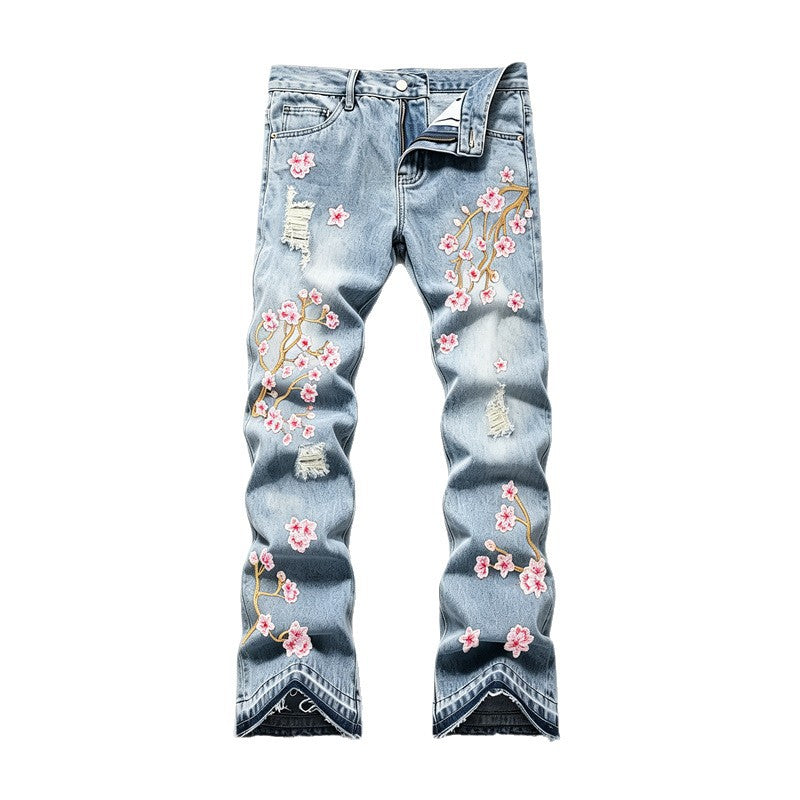 Damen Modische Flared Jeans mit Blumenstickerei Drune