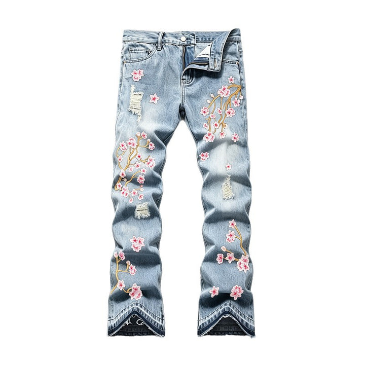 Damen Modische Flared Jeans mit Blumenstickerei Drune