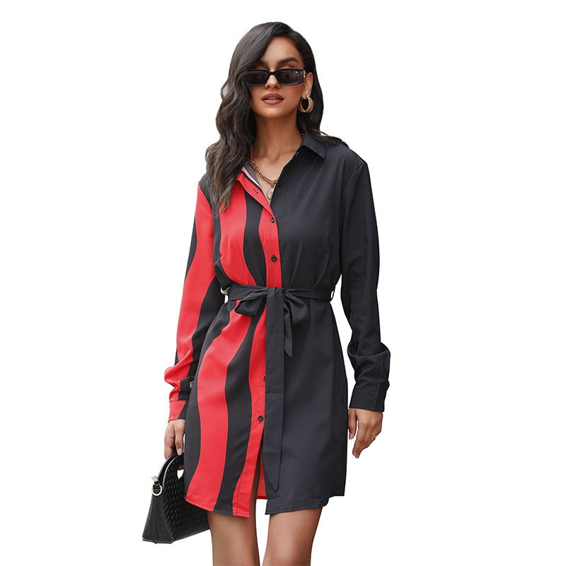Damen Hemdblusenkleid im Half-and-Half-Design mit seitlichem Streifenpanel und Taillenbindegürtel Drune