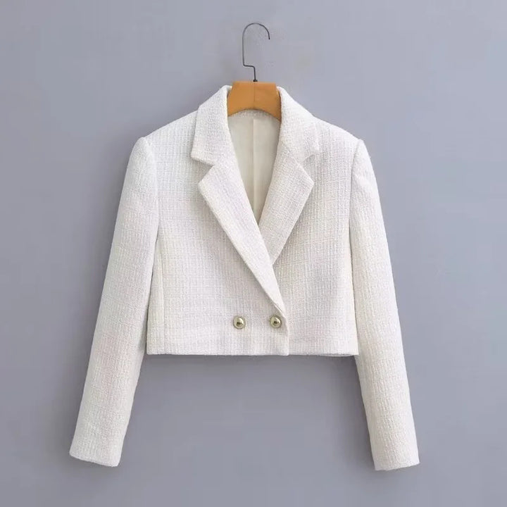 Damen nan kurze Bouclé-Cropped-Jacke mit Reverskragen und dekorativen Metallknöpfen Drune