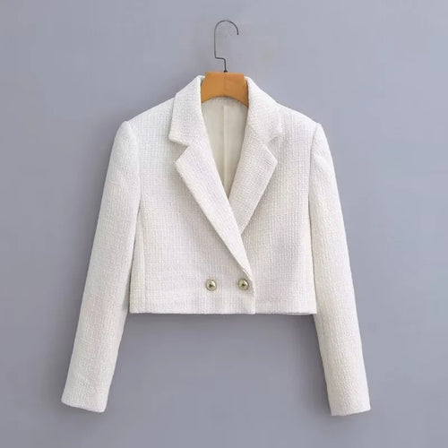 Damen nan kurze Bouclé-Cropped-Jacke mit Reverskragen und dekorativen Metallknöpfen Drune
