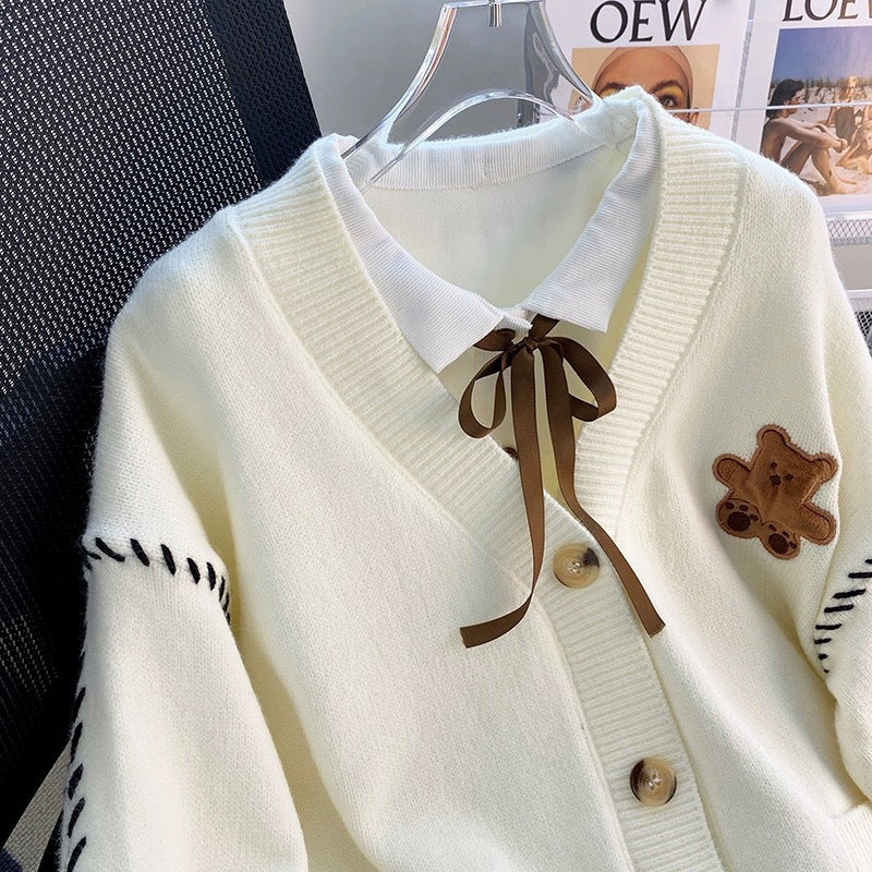 Damen Strickjacke mit einzigartiger Bärenapplikation und modernen Details Drune