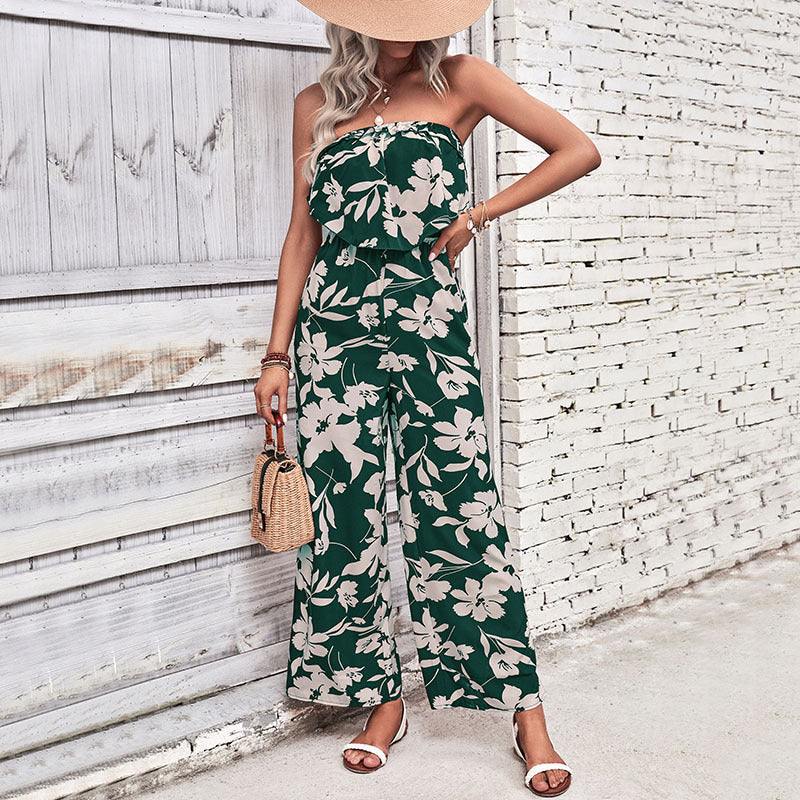 Damen luftiger Jumpsuit mit floralem Rüschenoberteil und weitem Bein Drune