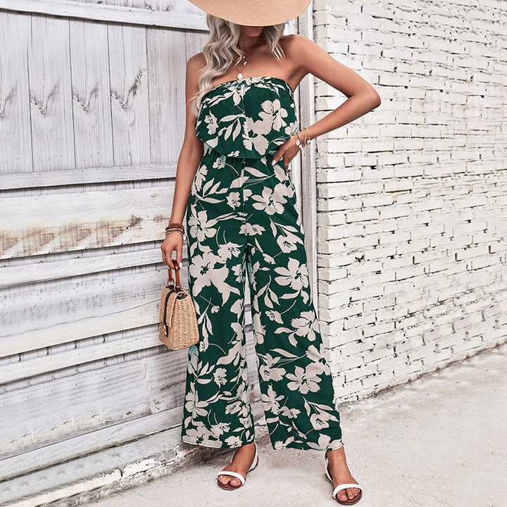 Damen luftiger Jumpsuit mit floralem Rüschenoberteil und weitem Bein Drune