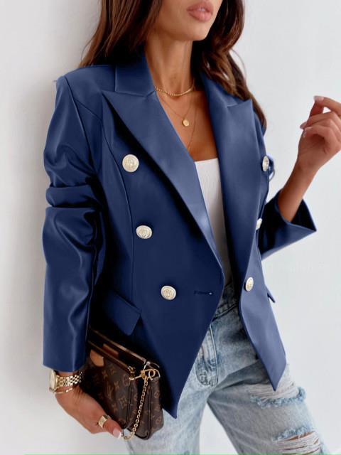 Damen eleganter Kunstleder Blazer mit doppelter Knopfleiste Drune