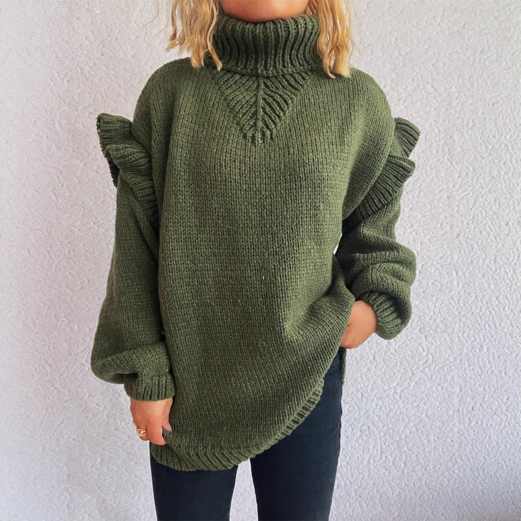 Damen kuscheliger Strickpullover mit Rüschenärmeln und hohem Kragen Drune