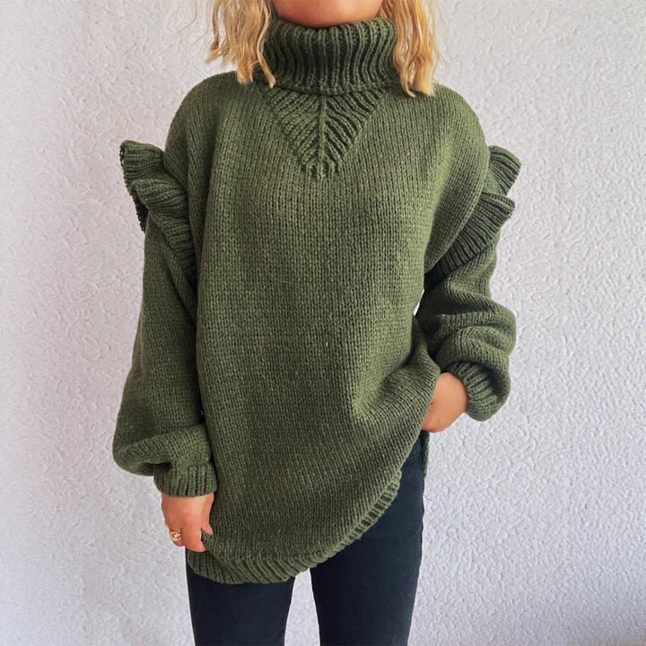 Damen kuscheliger Strickpullover mit Rüschenärmeln und hohem Kragen Drune