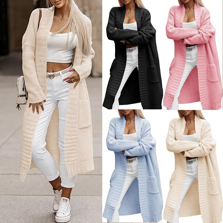 Damen Langer Strickcardigan mit offenen Taschen und strukturierter Oberfläche Drune