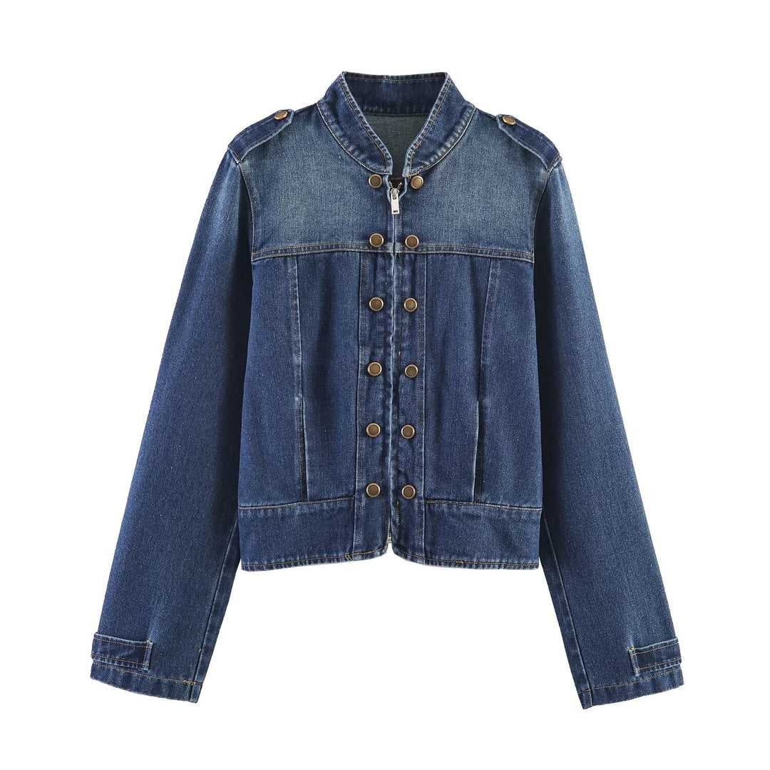 Damen Jeansjacke mit Stehkragen, Doppelreihen‑Druckknöpfen und Schulterklappen Drune