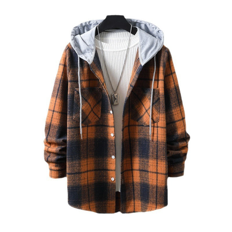 Herren lässige Flanell-Hemdjacke mit Kapuze und grafischem Karomuster Drune