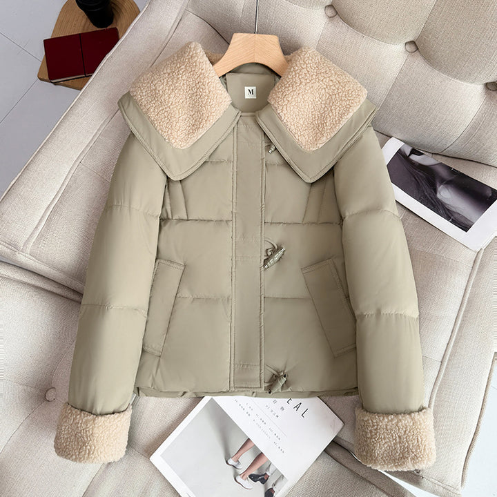 Damen nan kurzer wattierter Steppblouson mit voluminösem Teddykragen und Umschlag-Teddybündchen Drune