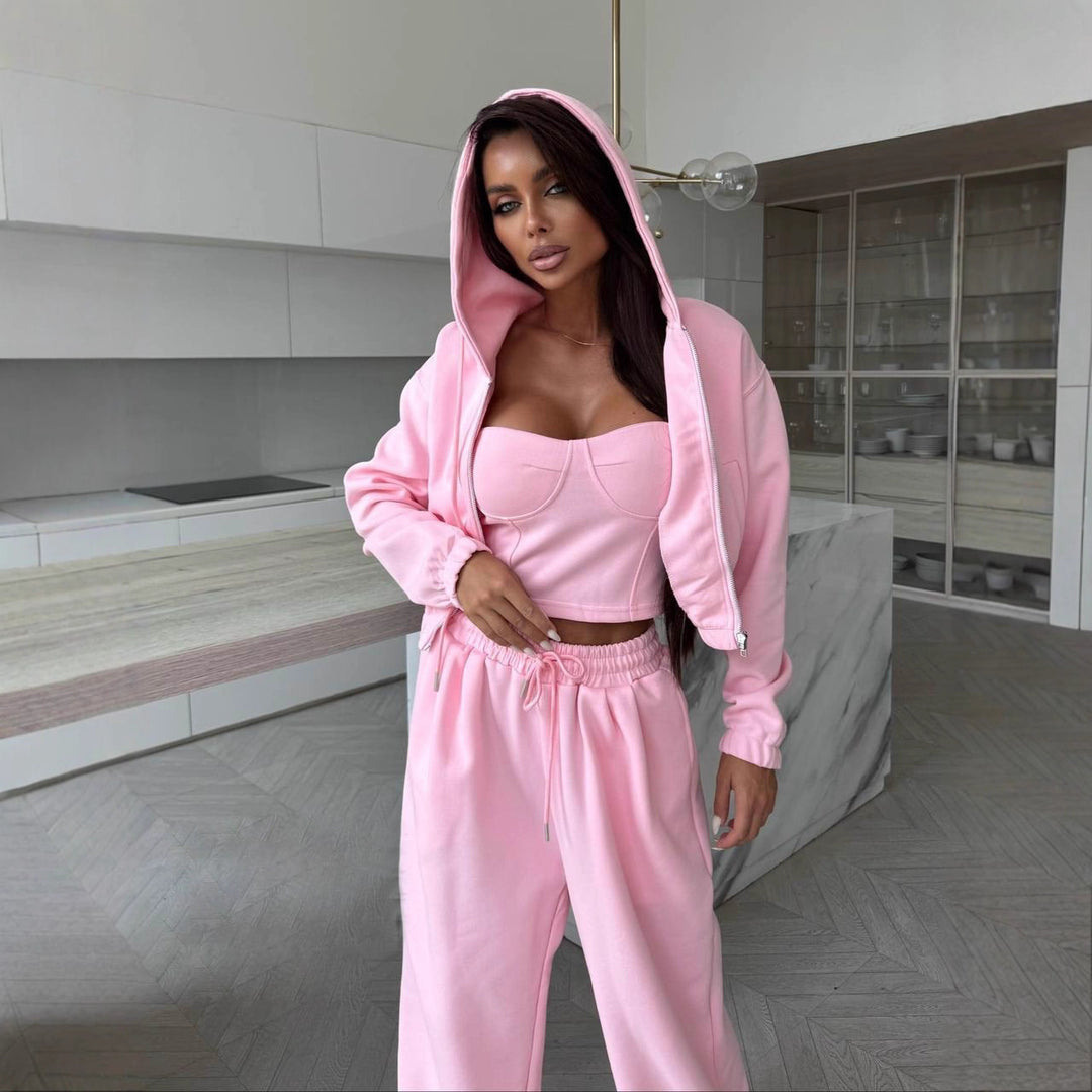 Damen sportliches Komplett-Set mit Crop-Top und weicher Kapuzenjacke