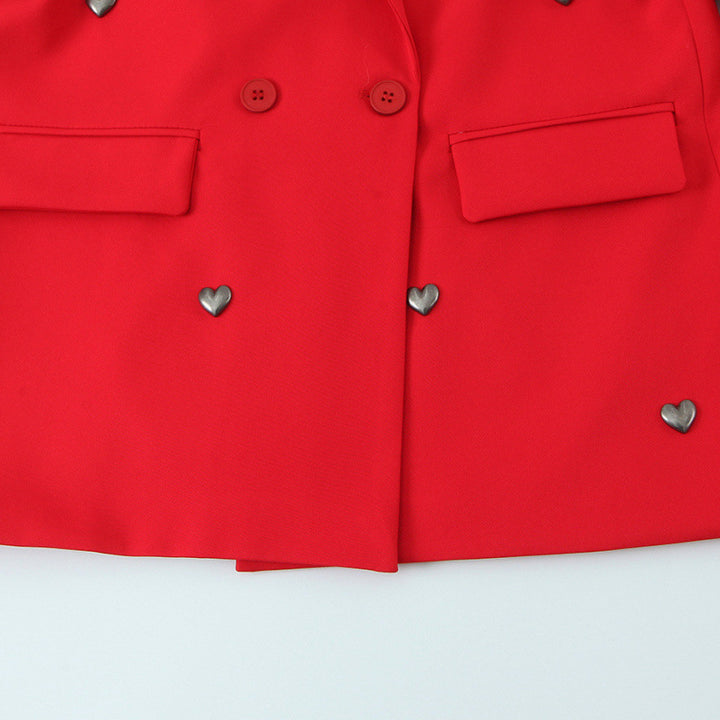 Damen Taillierter Doppelreihiger Blazer mit Herz‑Metallapplikationen und Pattentaschen Drune