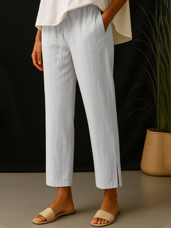 Damen Casual-Chino Leinenoptik Culotte mit elastischem Tunnelzugbund und Eingrifftaschen Drune
