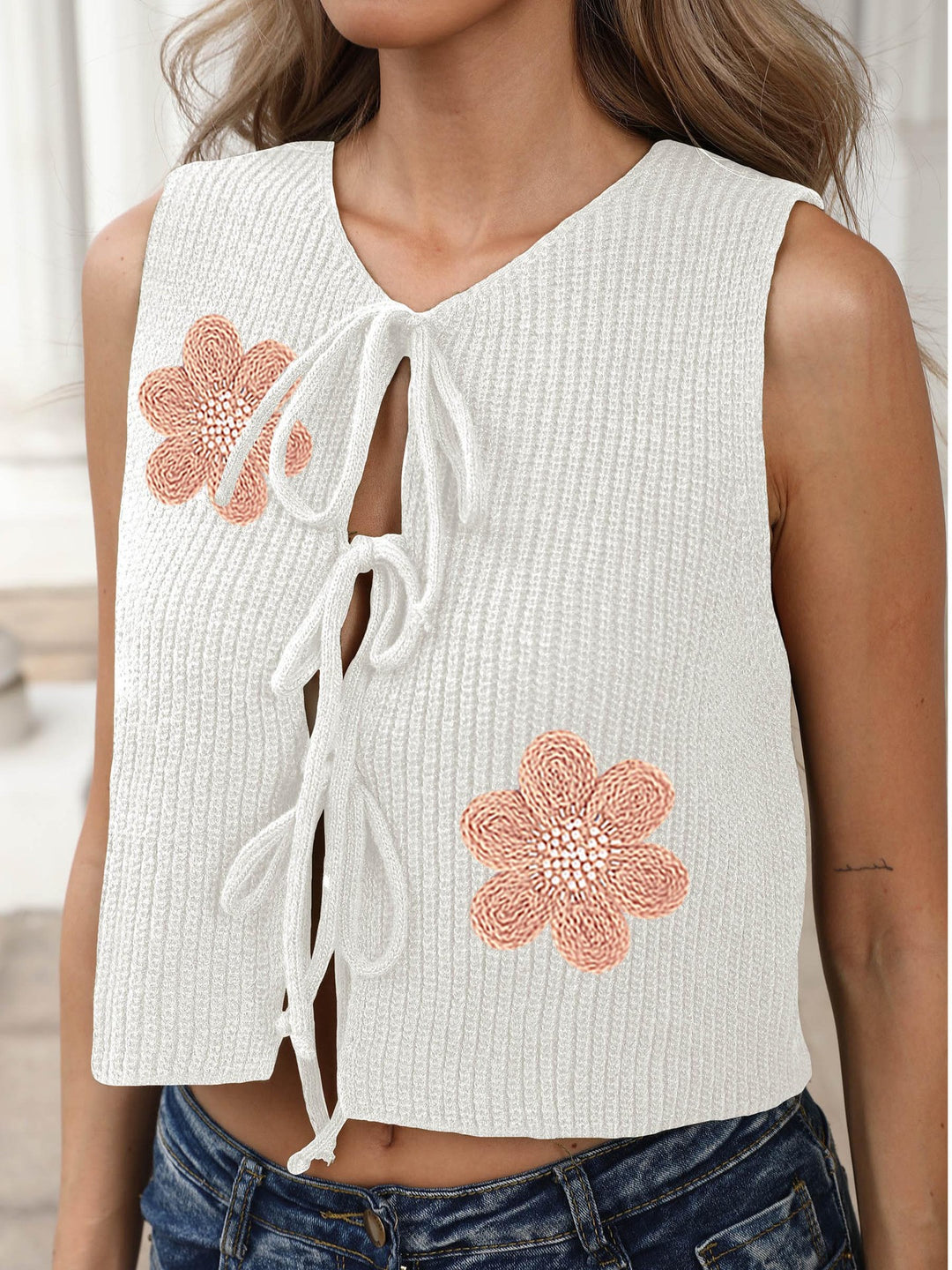 Damen luftiges Stricktop mit Blumenapplikationen Drune