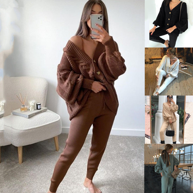 Damen nan kuscheliges Oversize Strickset bestehend aus Zopfmuster Cardigan und taillierter Strick-Jogginghose Drune