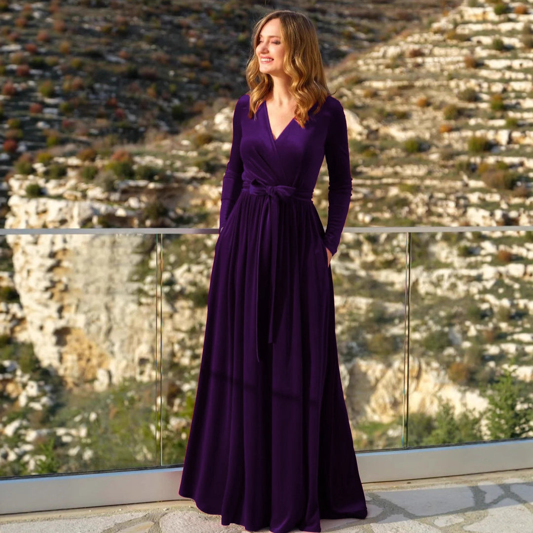 Damen nan elegantes Wickelmaxikleid aus Samt mit V-Ausschnitt, Taillengürtel und seitlichen Eingrifftaschen Drune