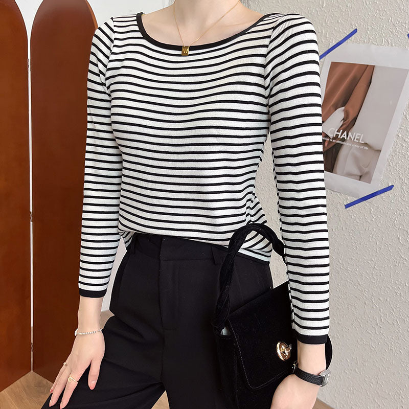 Damen Langarmshirt mit maritimem Streifenmuster und weitem Rundhalsausschnitt Drune