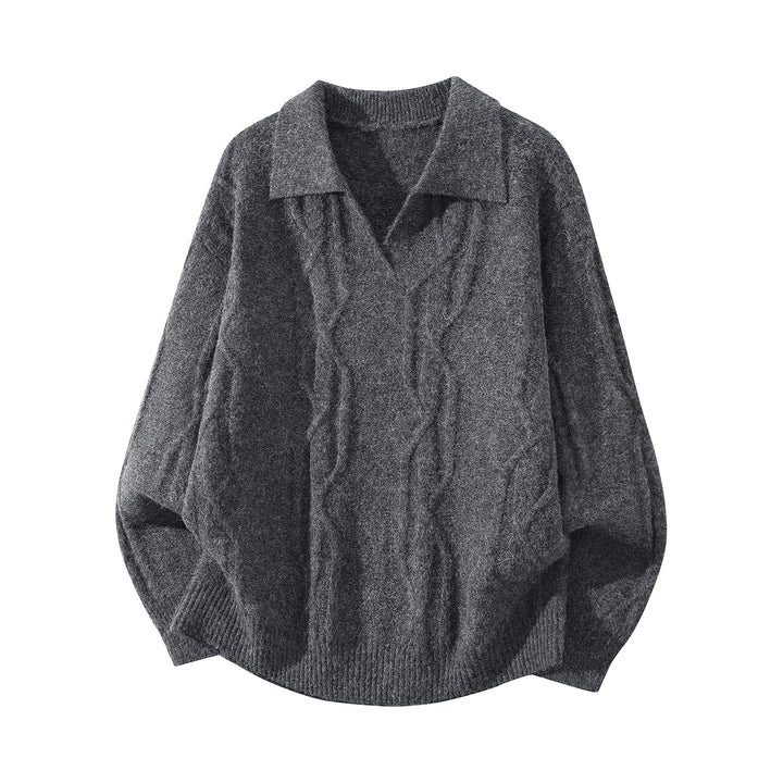 Damen Oversize Mohair‑Optik Zopfstrickpullover mit Polokragen und V‑Ausschnitt Drune