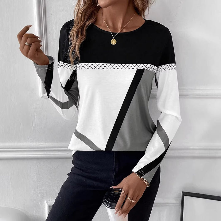Damen Langarmshirt mit geometrischem Blockprint und Rundhalsausschnitt Drune