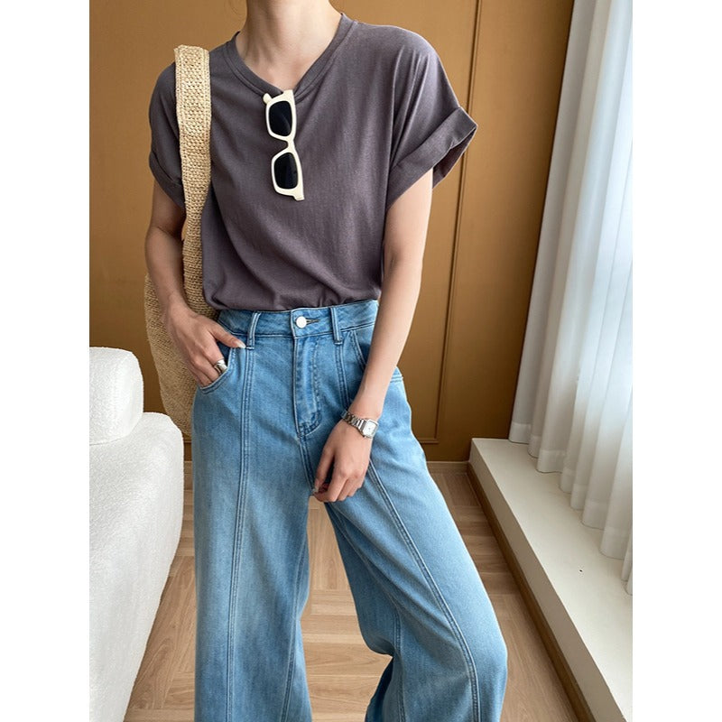 Damen gemütliches V-Ausschnitt T-Shirt mit lässigen, umgeschlagenen Ärmeln Drune
