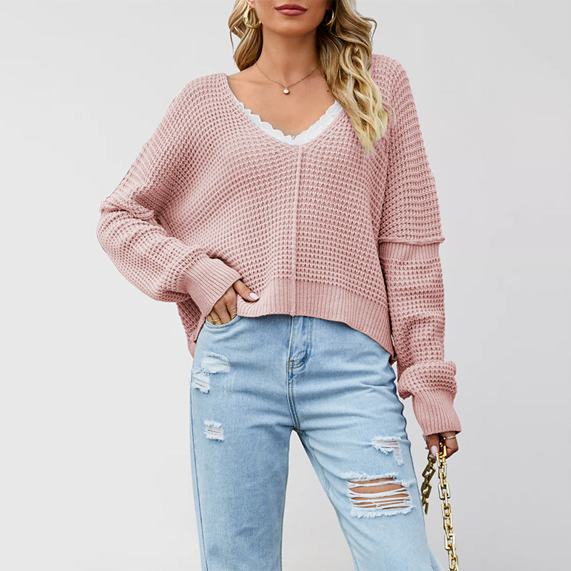 Damen lässiger V-Ausschnitt Strickpullover mit offenen Schultern und strukturiertem Design Drune