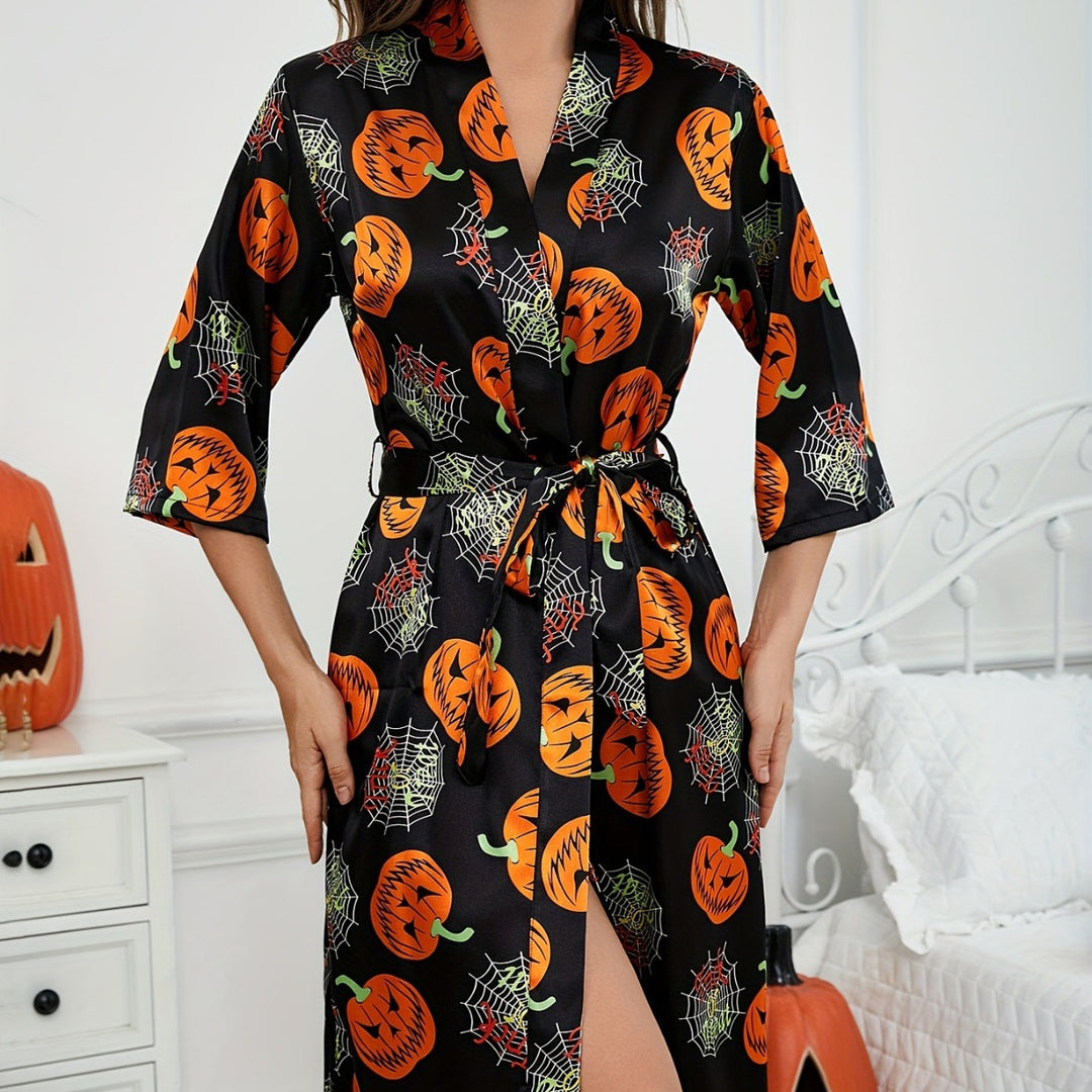 Damen-Halloween-Themen-Satin-Robe mit Gürtel Drune